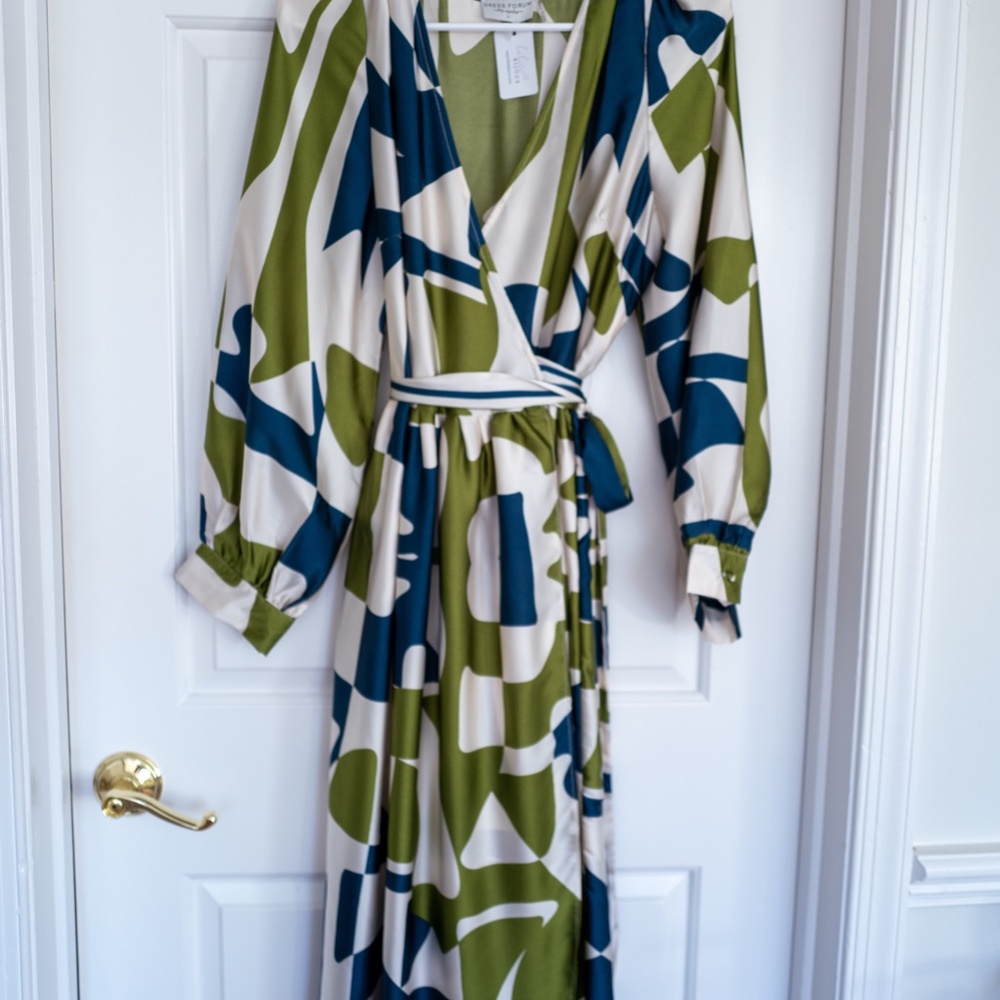 Green & Blue Abstract Art Wrap Maxi Dress for Spring NWT